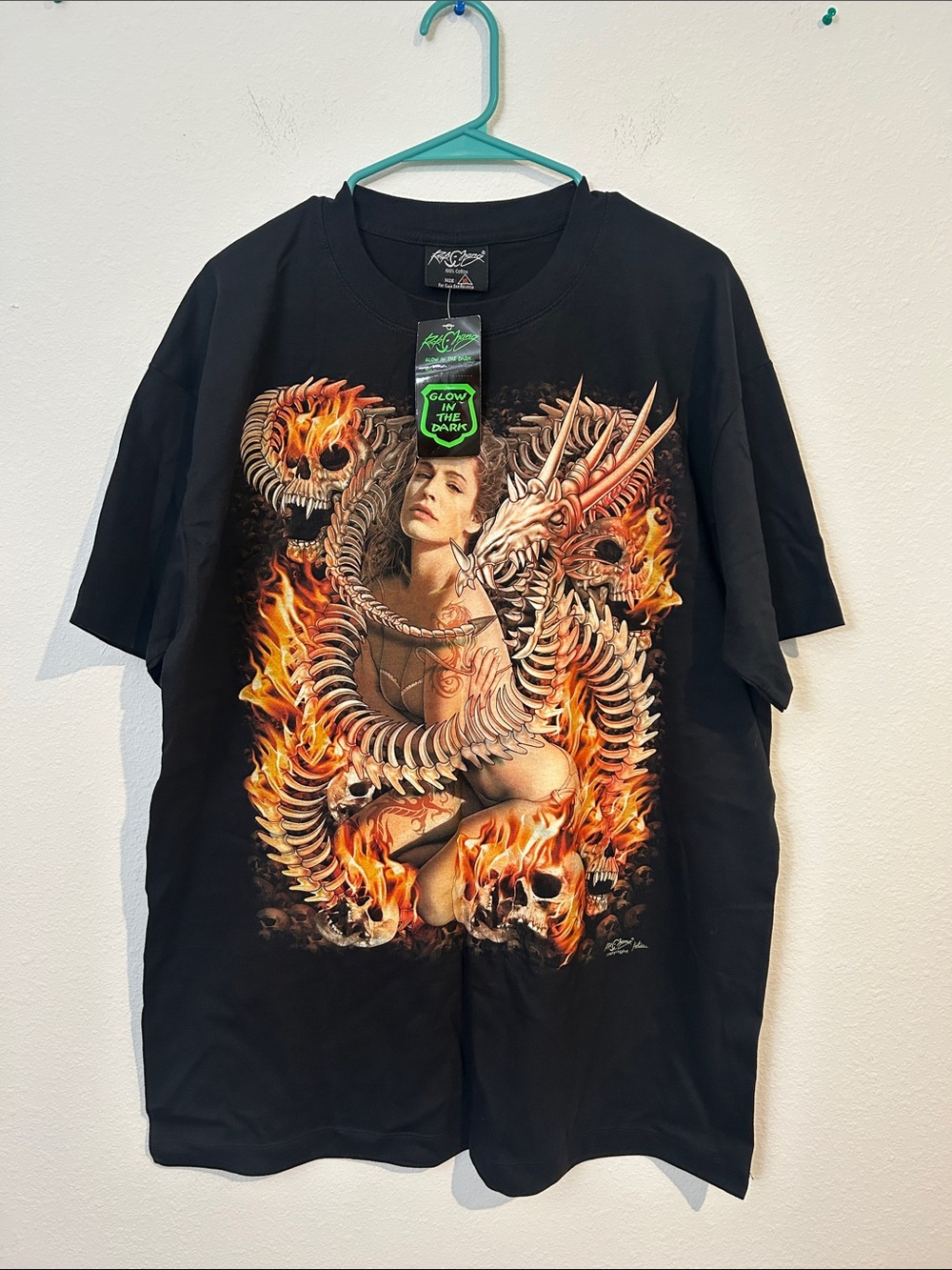 Men's Black Graphic Flame Dragon Tee with Glow Detail